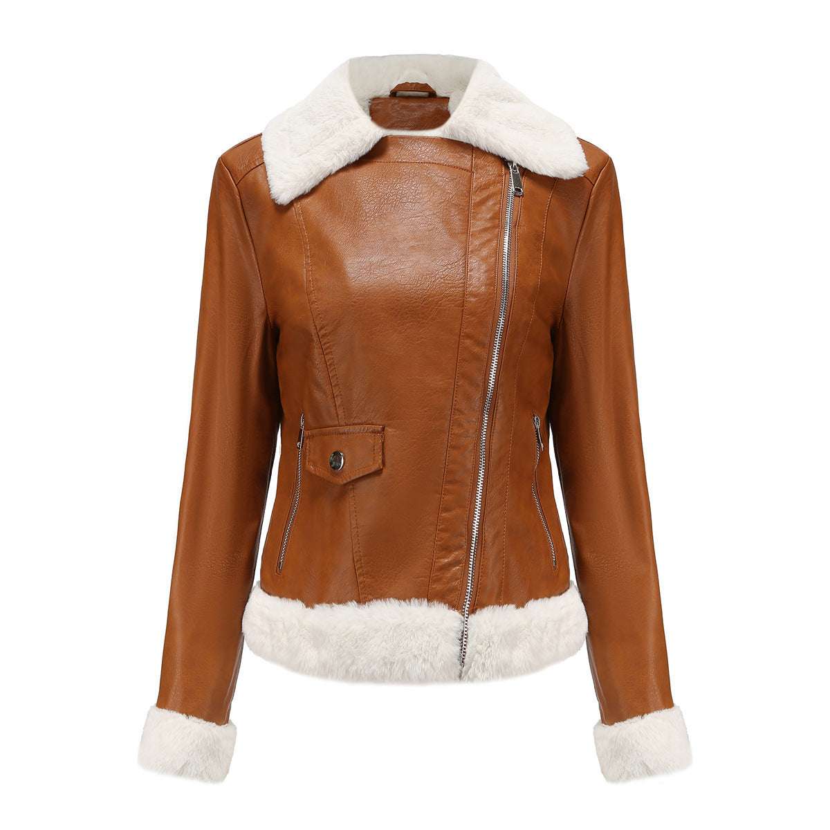 Fleece Leather Jacket Female European Code Warm Long Sleeves Turn-down Collar Coat - globaltradeleader