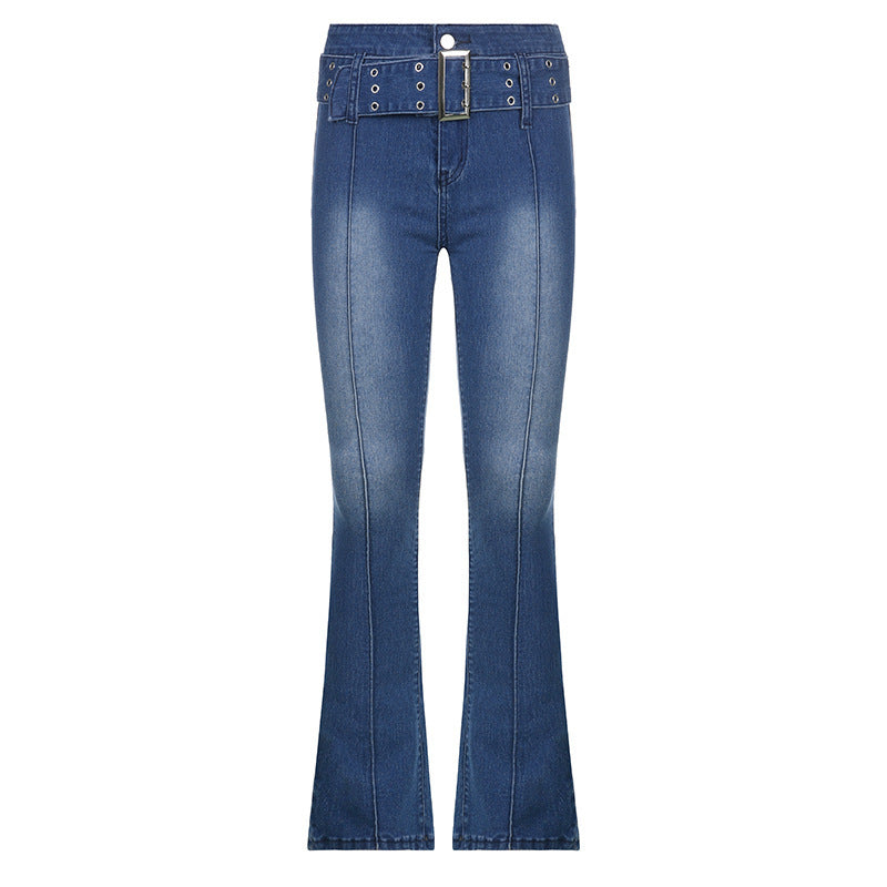 Retro Distressed Hot Girl Washed Belt Slimming Jeans - globaltradeleader
