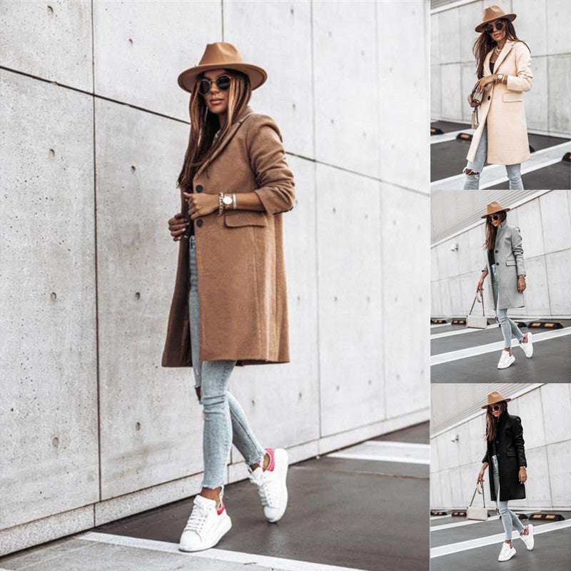 Autumn And Winter Simplicity Long Sleeve Button Woolen Coat - globaltradeleader