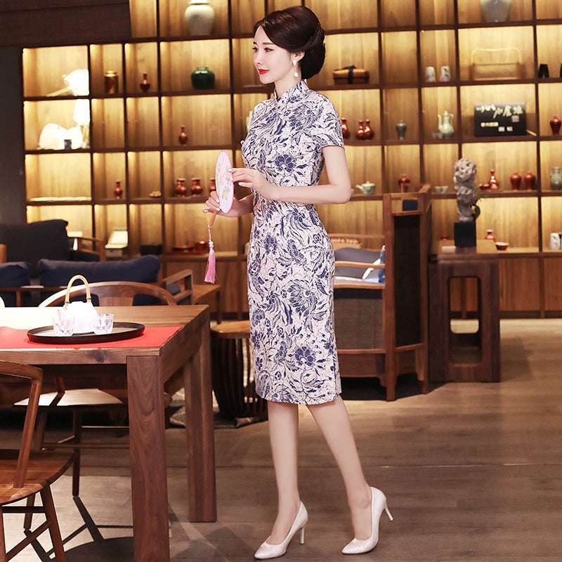 Blue And White Porcelain Retro Slim Improved Cheongsam