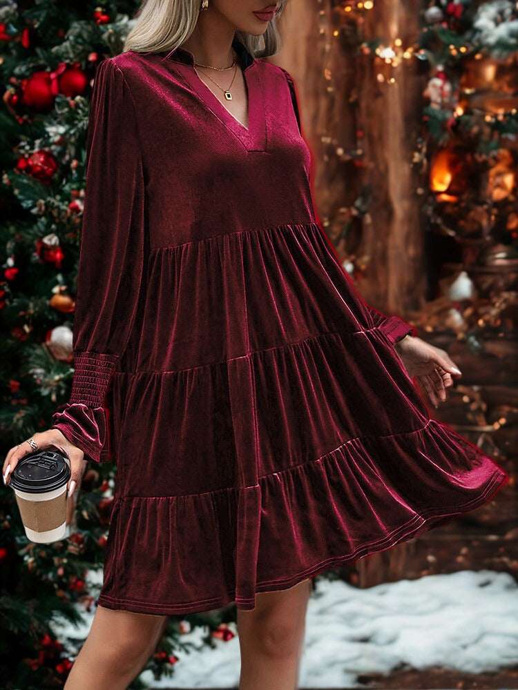 Long Sleeve Christmas Skirt Velvet Cake Dresses With Puffy Sleeves And V-Neck Mini Skirt Elegant Short Dress For Women New Year Party Clothing - globaltradeleader