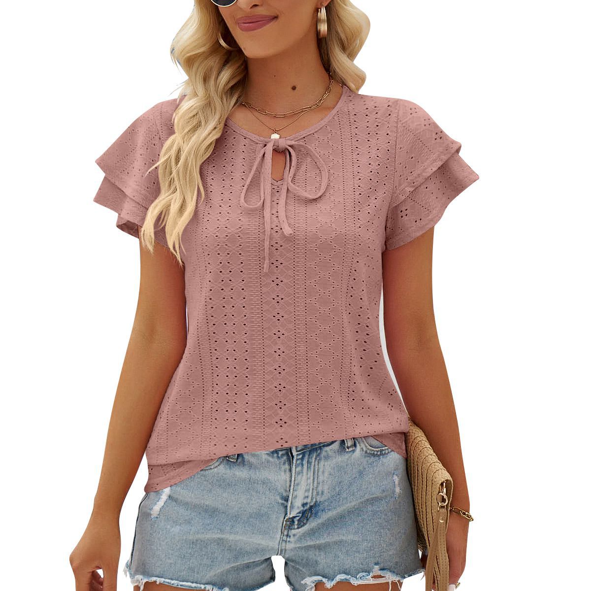 Women's Hole Hollow-out Lace-up Double-layer Sleeve Top - globaltradeleader