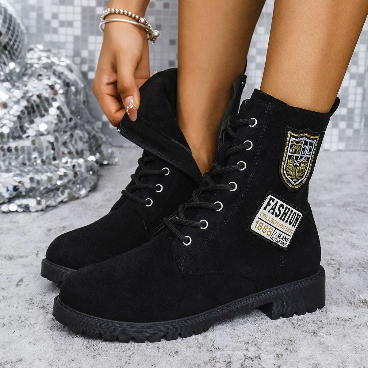 Fashion Lace-up Chunky Heels Boots Winter Round Toe Shoes For Women - globaltradeleader