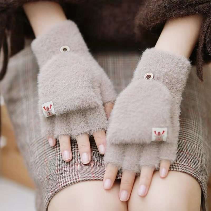 Plush Winter Half Finger Flap Warm Thickened Mink Like Knitting Gloves - globaltradeleader