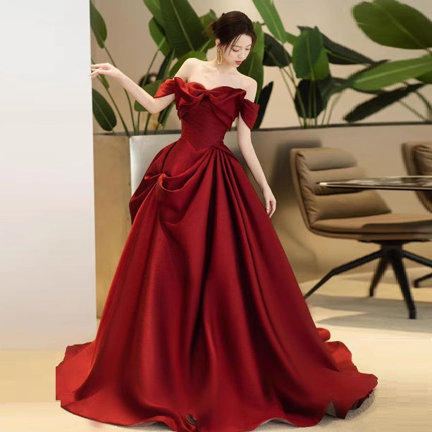 High-end Engagement Red Evening Dress French Off-shoulder Bow Princess Dress - globaltradeleader
