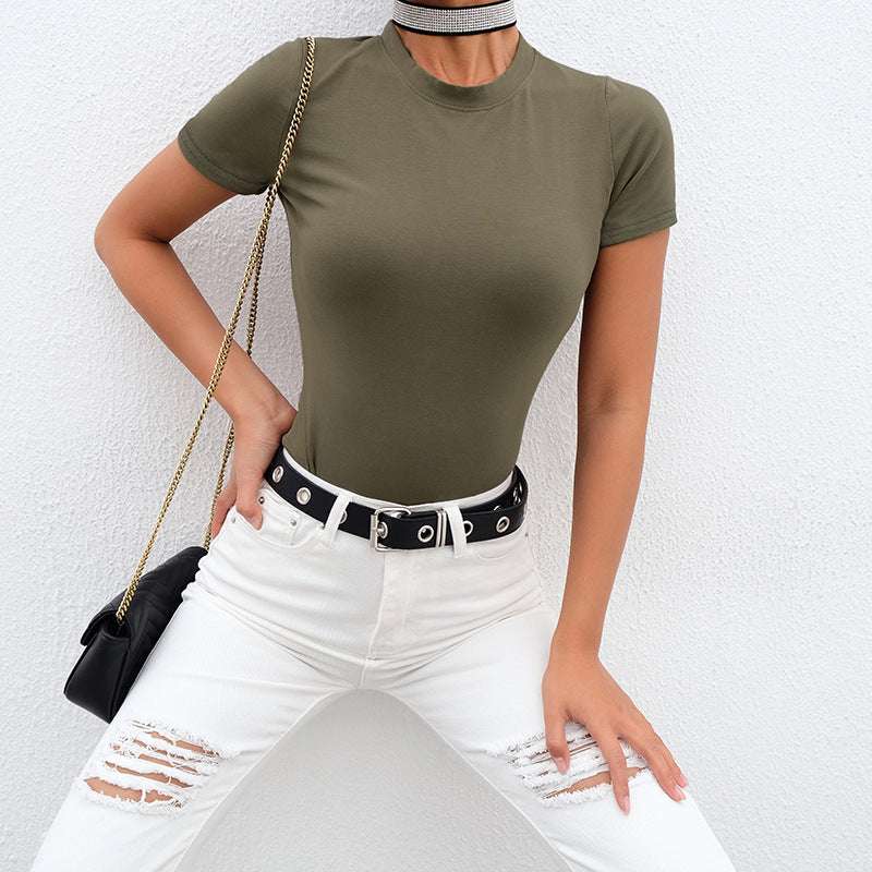 European And American Explosions T-shirt Women's Summer Solid Color All-match Round Neck T-shirt Tight Short Sleeve Top Women