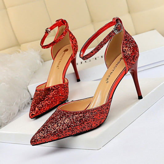 European and American style stiletto high-heeled shallow mouth pointed toe hollow sequin sexy nightclub slimming word with female sandals - globaltradeleader