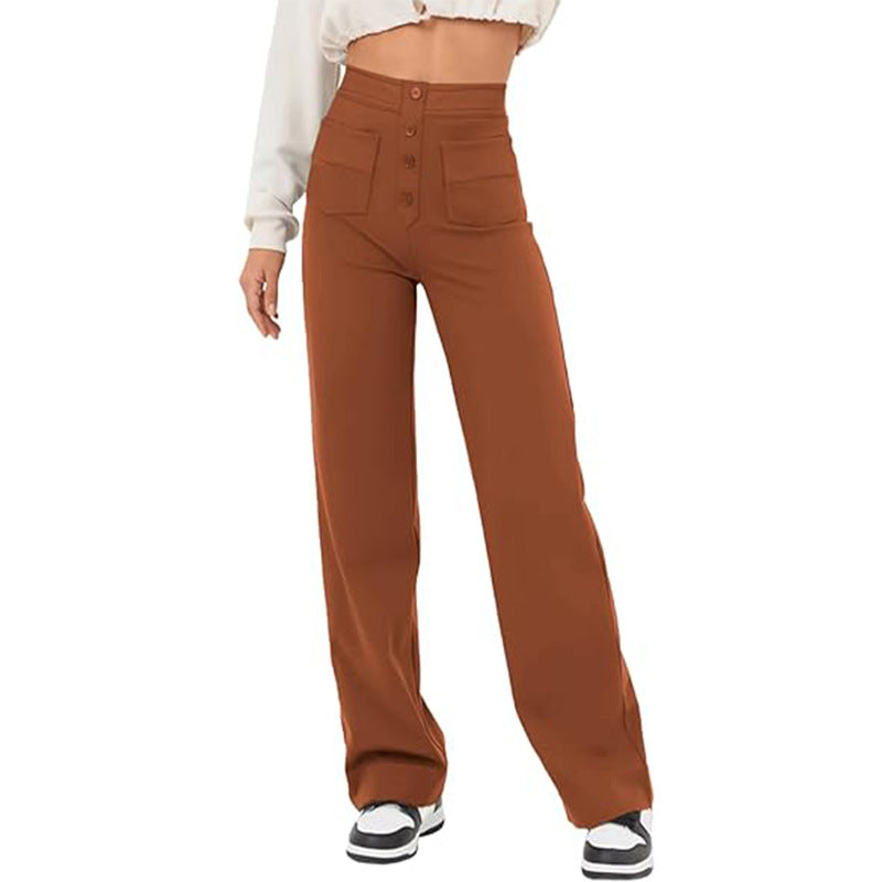 High Waist Trousers With Pockets Casual Loose Wide Leg Button Straight Pants Women's Clothing - globaltradeleader