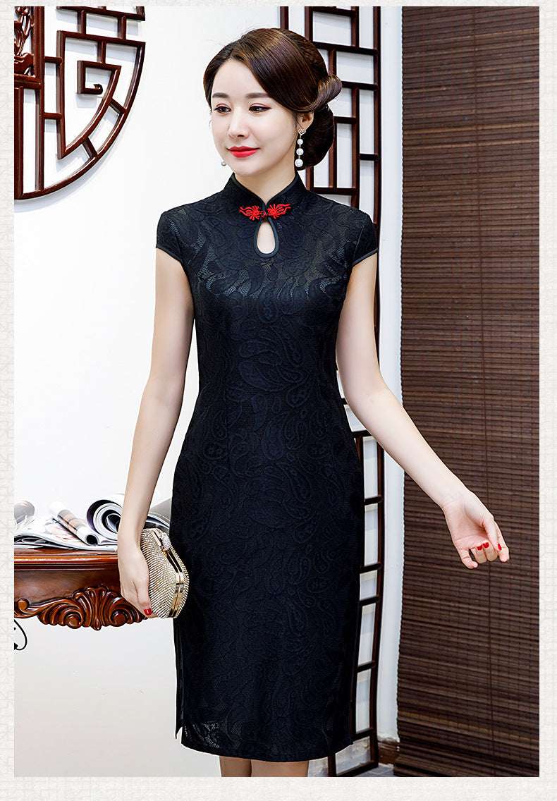 Engagement Banquet Wedding Cheongsam Lace Short Sleeve Cheongsam Dress