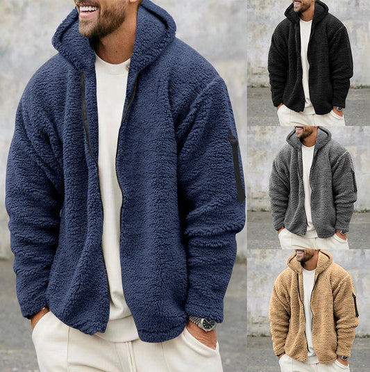 Plush Hooded Jacket Men's Autumn And Winter Fleece Double-sided Wear Warm Coat With Zipper Loose Casual Jacket Outdoor Clothing - globaltradeleader