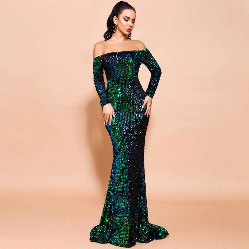 Sexy Strapless Long Sleeve Sequins Party Evening Dress - globaltradeleader