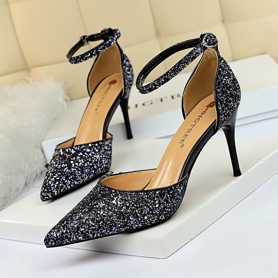 European and American style stiletto high-heeled shallow mouth pointed toe hollow sequin sexy nightclub slimming word with female sandals - globaltradeleader