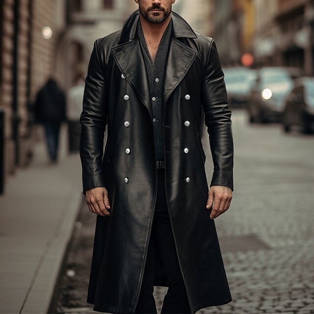 Long Trench Coat Male Double-breasted Leather Jacket - globaltradeleader