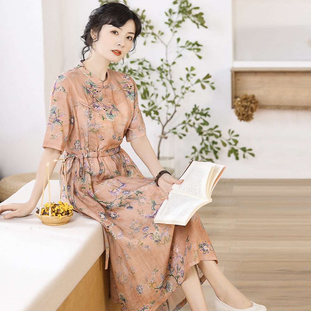 Retro Women's Improved Cheongsam Dress Literary Ramie Print
