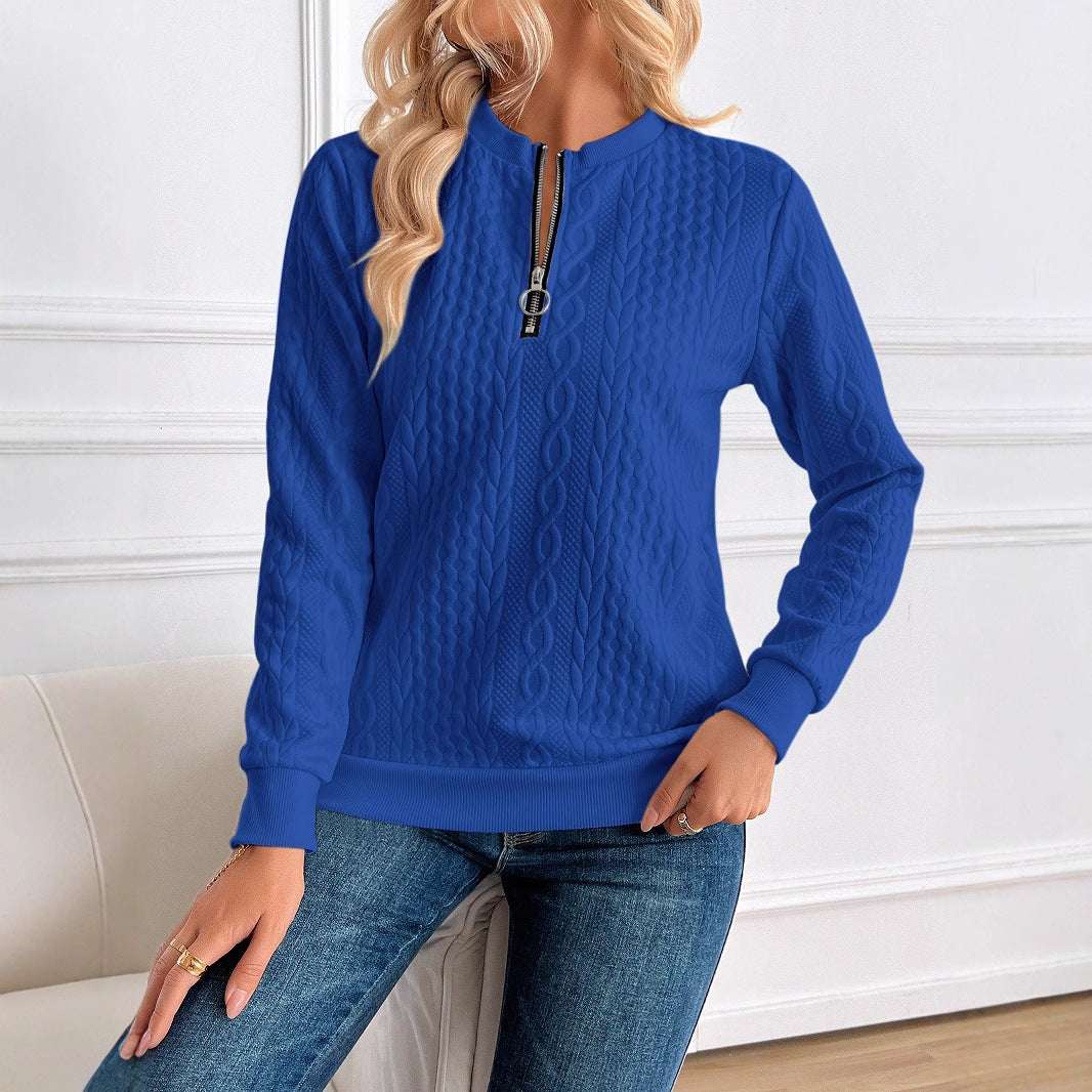 Women's Loose Casual Pullover Half Zipper Long Sleeve Solid Color Texture Round Neck Hoodie For Women - globaltradeleader