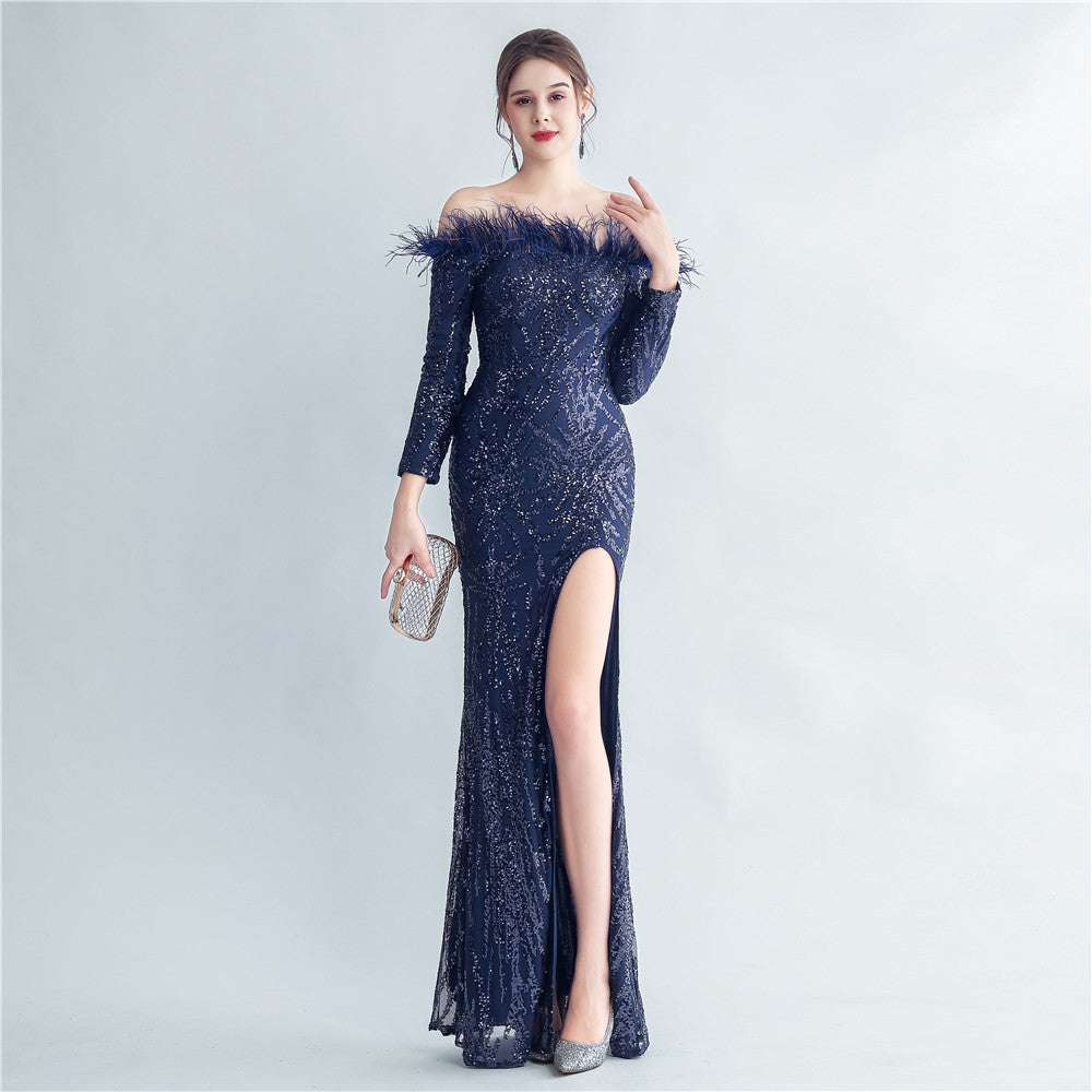 High-density Ostrich Feather Sequins Off-shoulder Long Sleeve Fishtail High-end Evening Dress - globaltradeleader