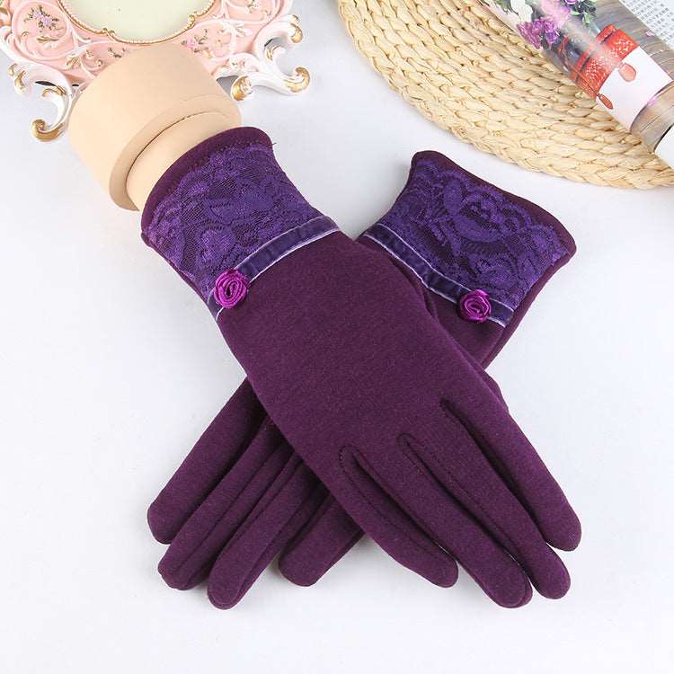 New Women's Outdoor Cycling Gloves Winter Solid Color Touch Screen Windproof Warm Gloves Lace Velvet Gloves - globaltradeleader