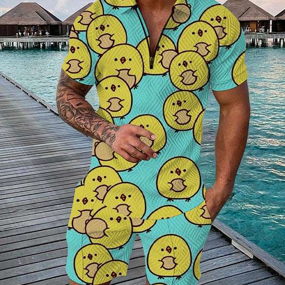 Men's Sportswear Duck Panda 3D Printing Short Sleeve Zipper Two-piece Set - globaltradeleader