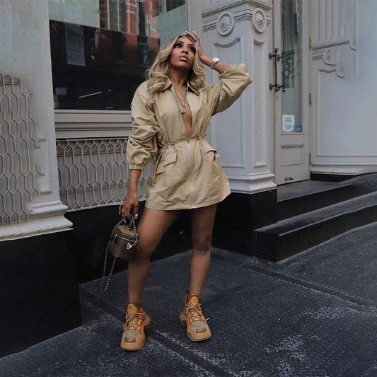 Drawstring Waist Mid-length Trench Coat For Women - globaltradeleader