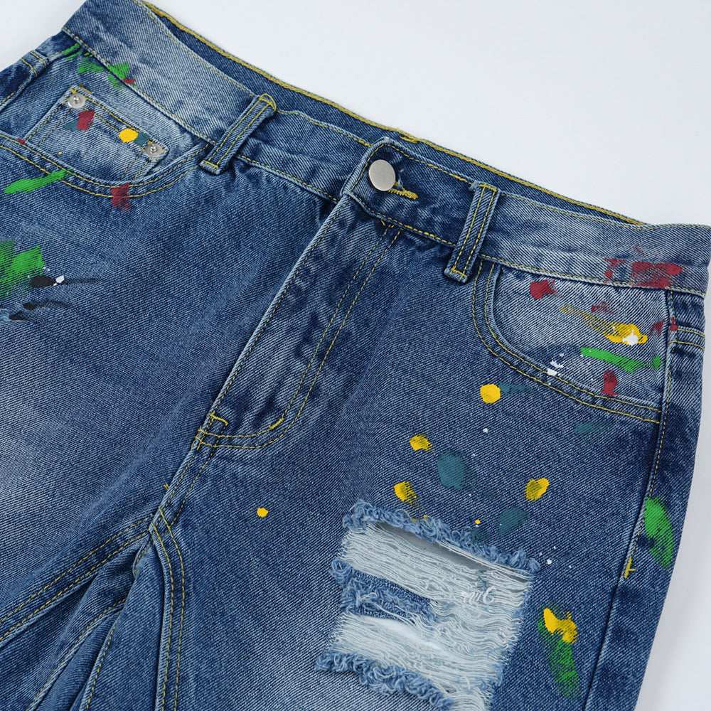 Ripped Paint Wide-leg Denim Trousers For Men