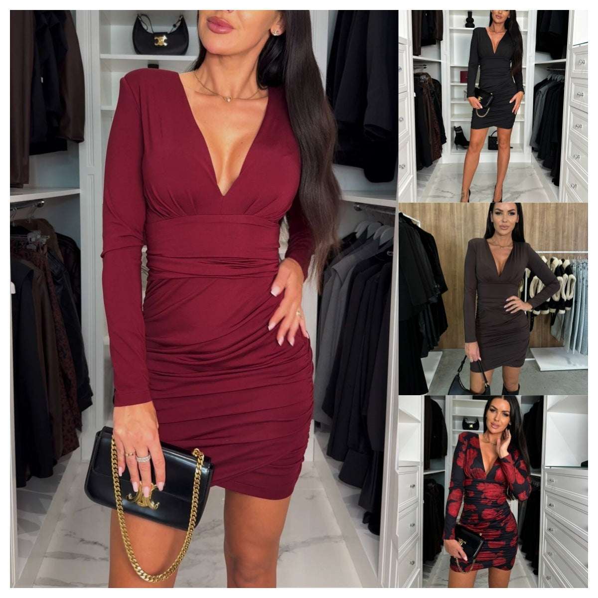 Fall V-neck Sexy Pleated Short Skirt High Waist Sheath Dress Women - globaltradeleader