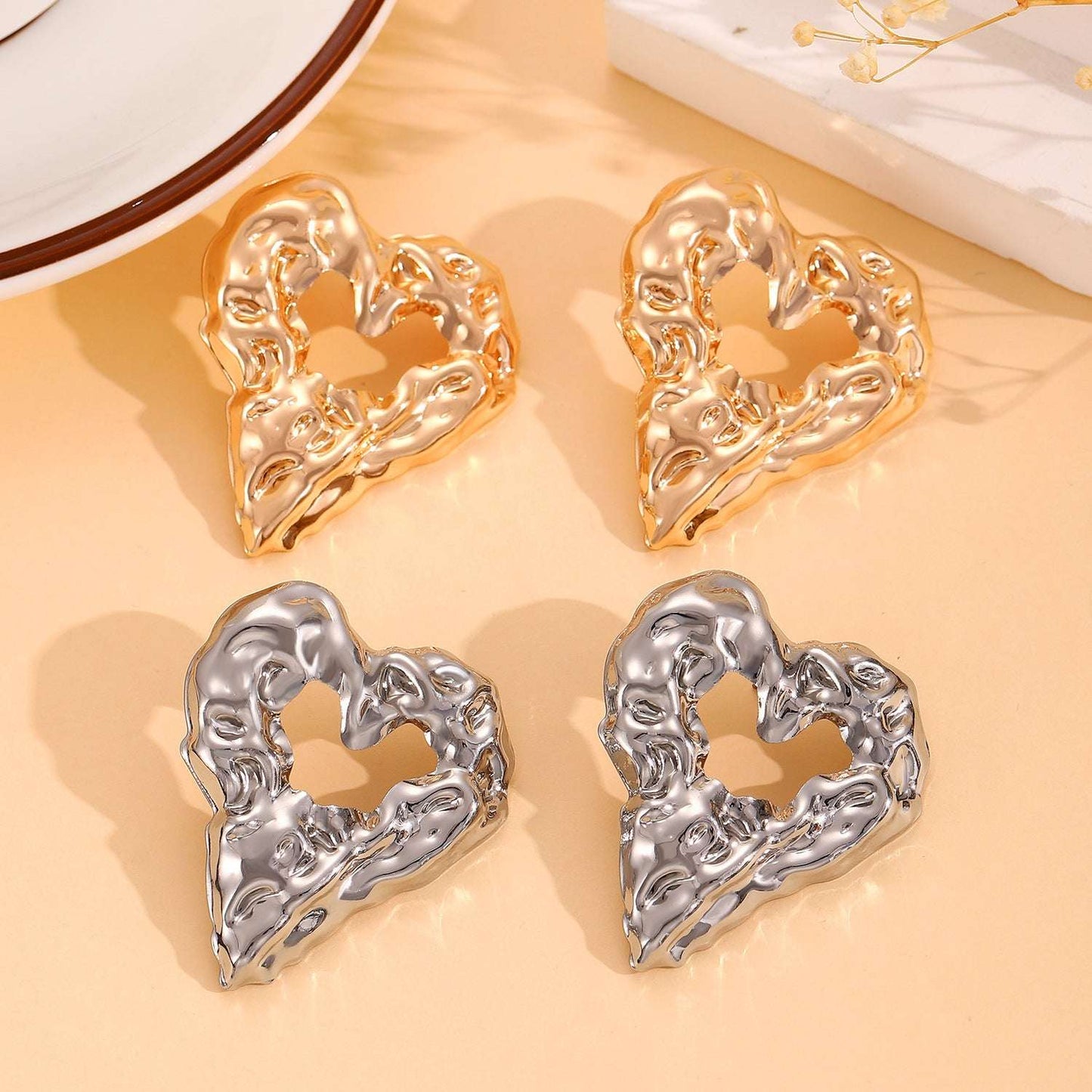New Pleated Lava Hollow Heart-shaped Earrings Personality Exaggerated Love Earrings For Women Valentine's Day Jewelry - globaltradeleader