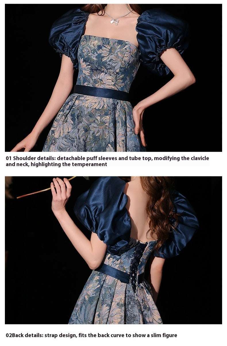 Light Luxury Minority Princess Court Oil Painting Style Tube Top Blue Evening Dress - globaltradeleader