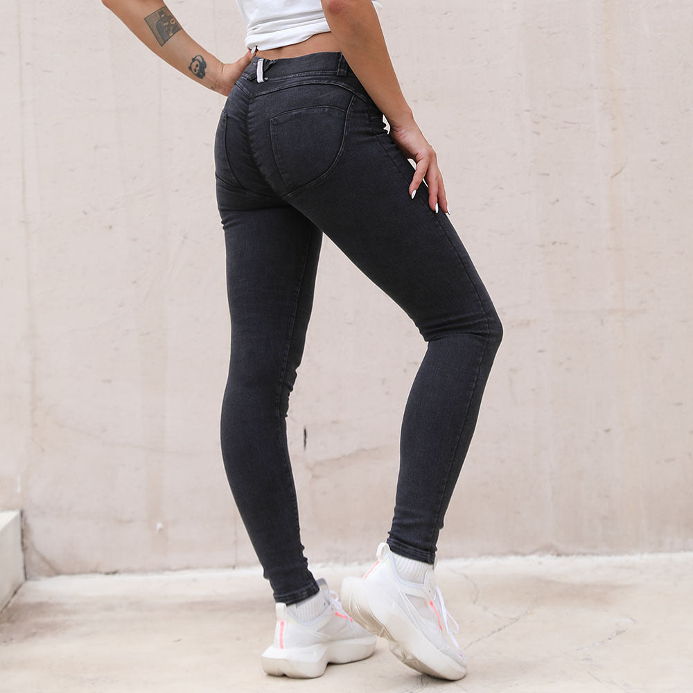 Knitted denim stretch peach hip jeans yoga pants - globaltradeleader