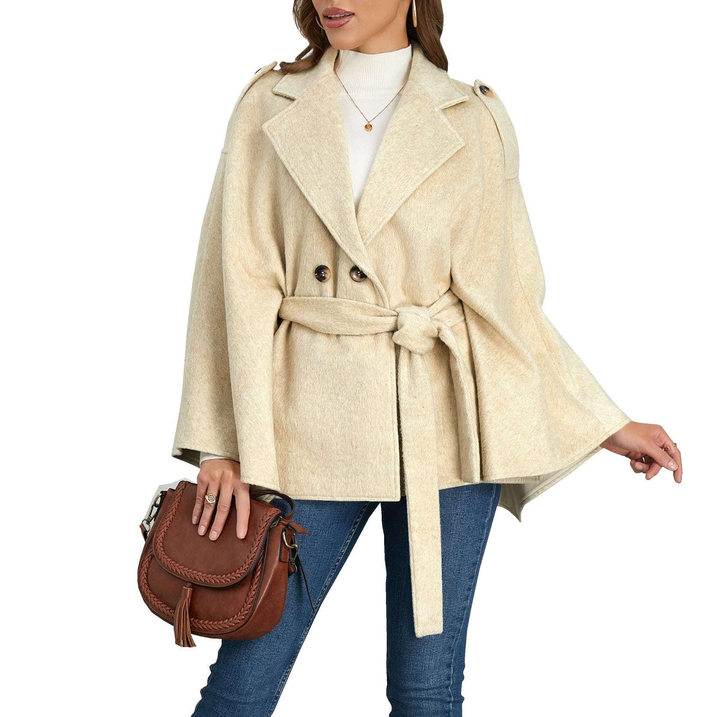 Bandage Coat Batwing Sleeve Lapel Woolen Coat - globaltradeleader