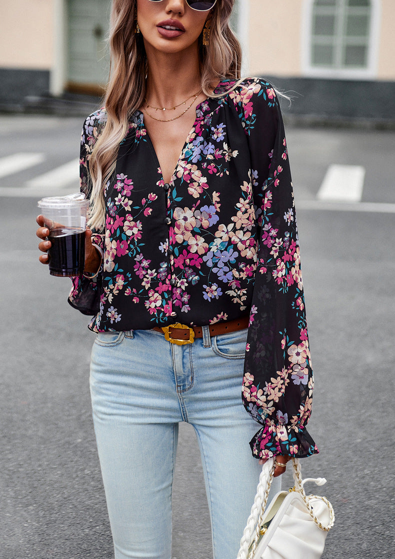 Women's Tops Casual Floral Print V Neck Long Sleeve Shirts Loose Chiffon Blouses Shirts Tops - globaltradeleader