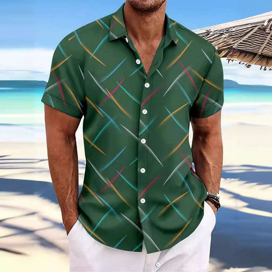 Summer New Men's Striped Feather Casual Beach Short Sleeve Button Shirt - globaltradeleader