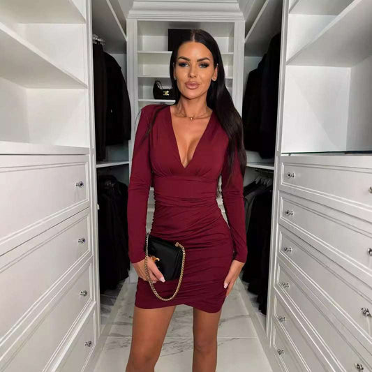 Fall V-neck Sexy Pleated Short Skirt High Waist Sheath Dress Women - globaltradeleader