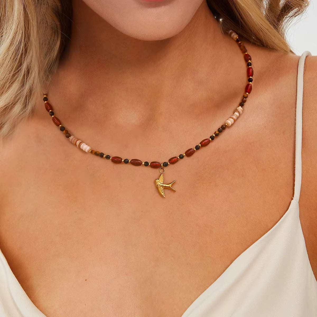 Tiger Eye Beads Stainless Steel Natural Stone Beads Pearl Tiger Eye Bird Pendant Bead Necklace For Women Collar Collarbone Chain Trendy - globaltradeleader