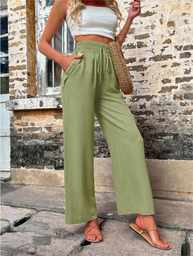 New Casual Pants With Pockets Elastic Drawstring High Waist Loose Trousers For Women - globaltradeleader