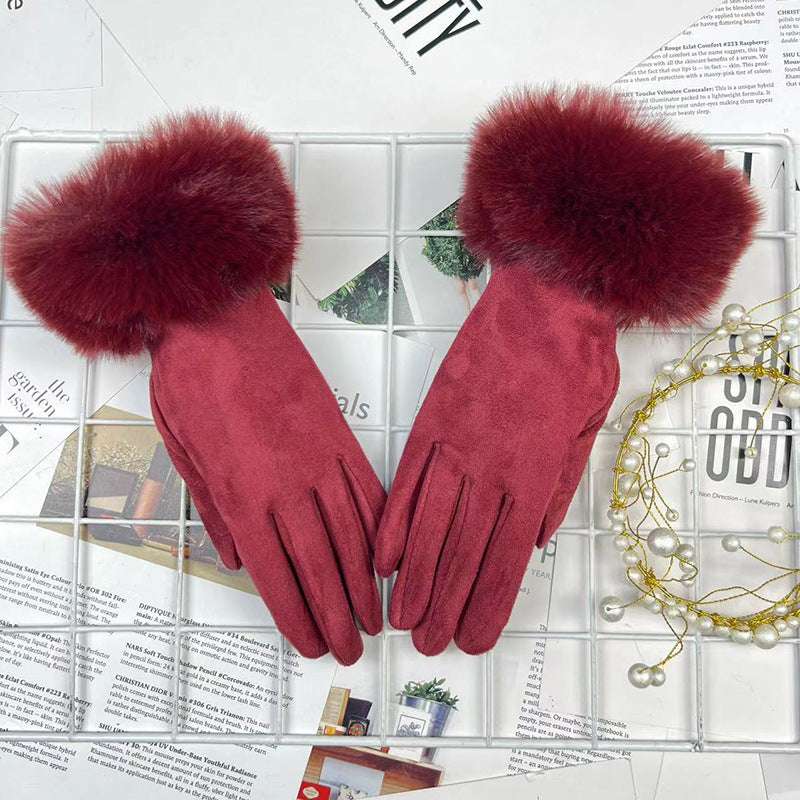 Warm Women's Fur Mouth Winter Riding Fleece-lined Finger Gloves Battery Car Thickened - globaltradeleader