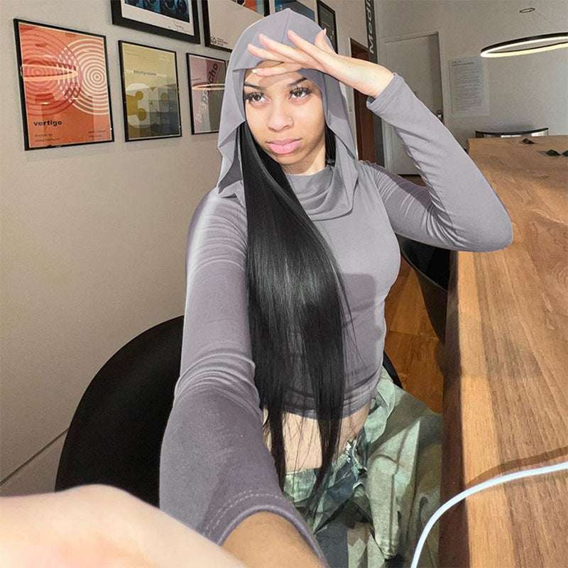 European And American Solid Color Swing Collar Hooded Long Sleeve Skinny Short T-shirt - globaltradeleader