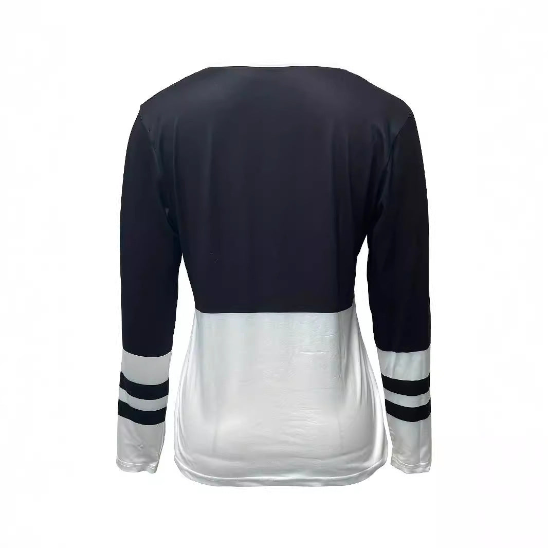 Women's V-collar Contrast Color Striped Loose Zip Long-sleeved T-shirt - globaltradeleader