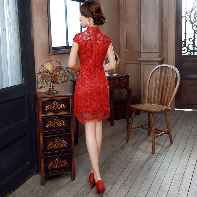 Retro slim lace short wedding cheongsam