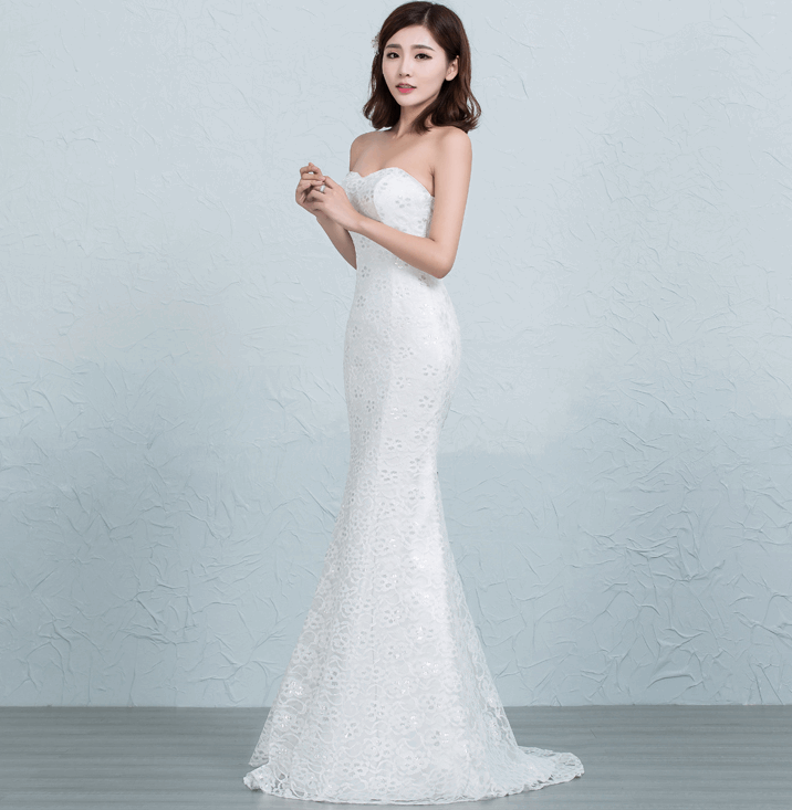 Sequined lace waist fishtail wedding dress