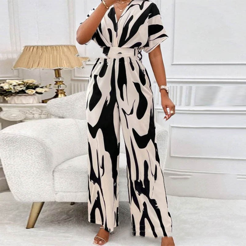 V-neck Loose Printed Long Jumpsuit - globaltradeleader