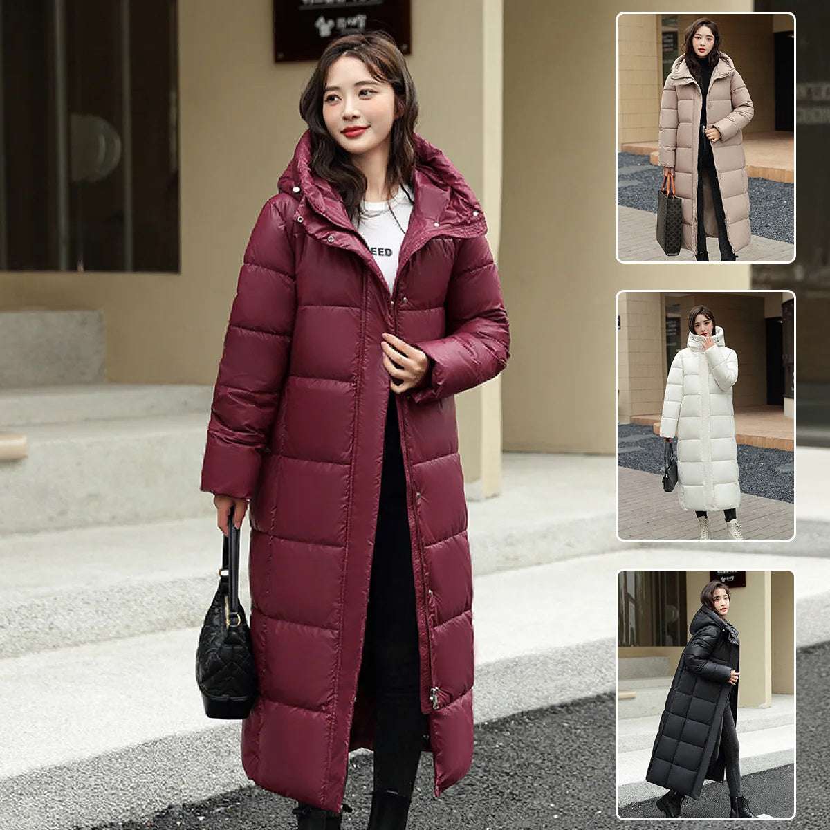 Women's Super Long Down Jacket Winter Puffer Thick Coat Black Red Hooded Zipper Keep Warm Fall Winter Casual Clothes - globaltradeleader
