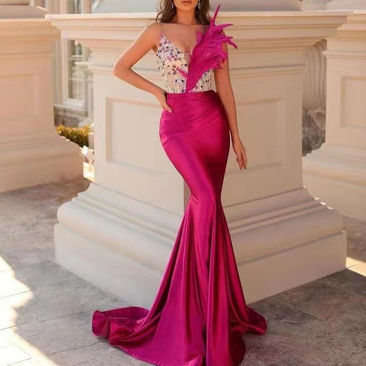 Slim-fit Feather Decorative High Waist Bandage One-piece Dress - globaltradeleader