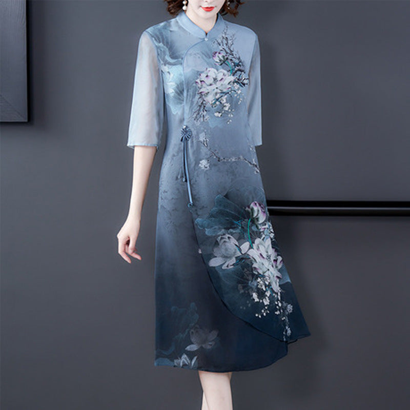 Chinese style printed silk cheongsam