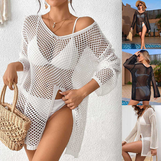 V-neck Beach Cover-up Hollow-out Side Slit Long Sleeve - globaltradeleader