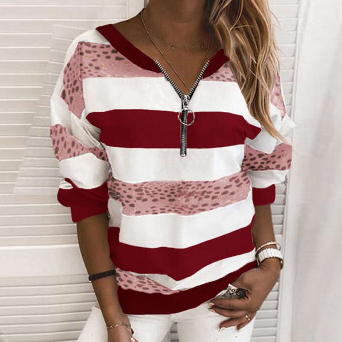 College Style Casual Striped Printed Pullover Loose Zipper Sweater