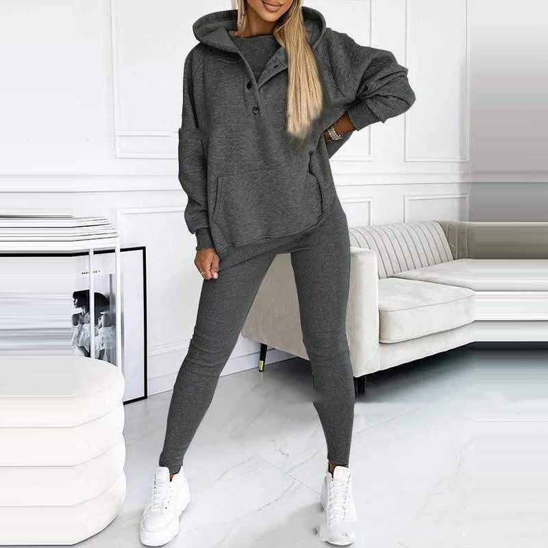 3pcs Women's Sports Suit Loose Hooded Pockets Sweatshirt And Vest And Slim Trousers - globaltradeleader