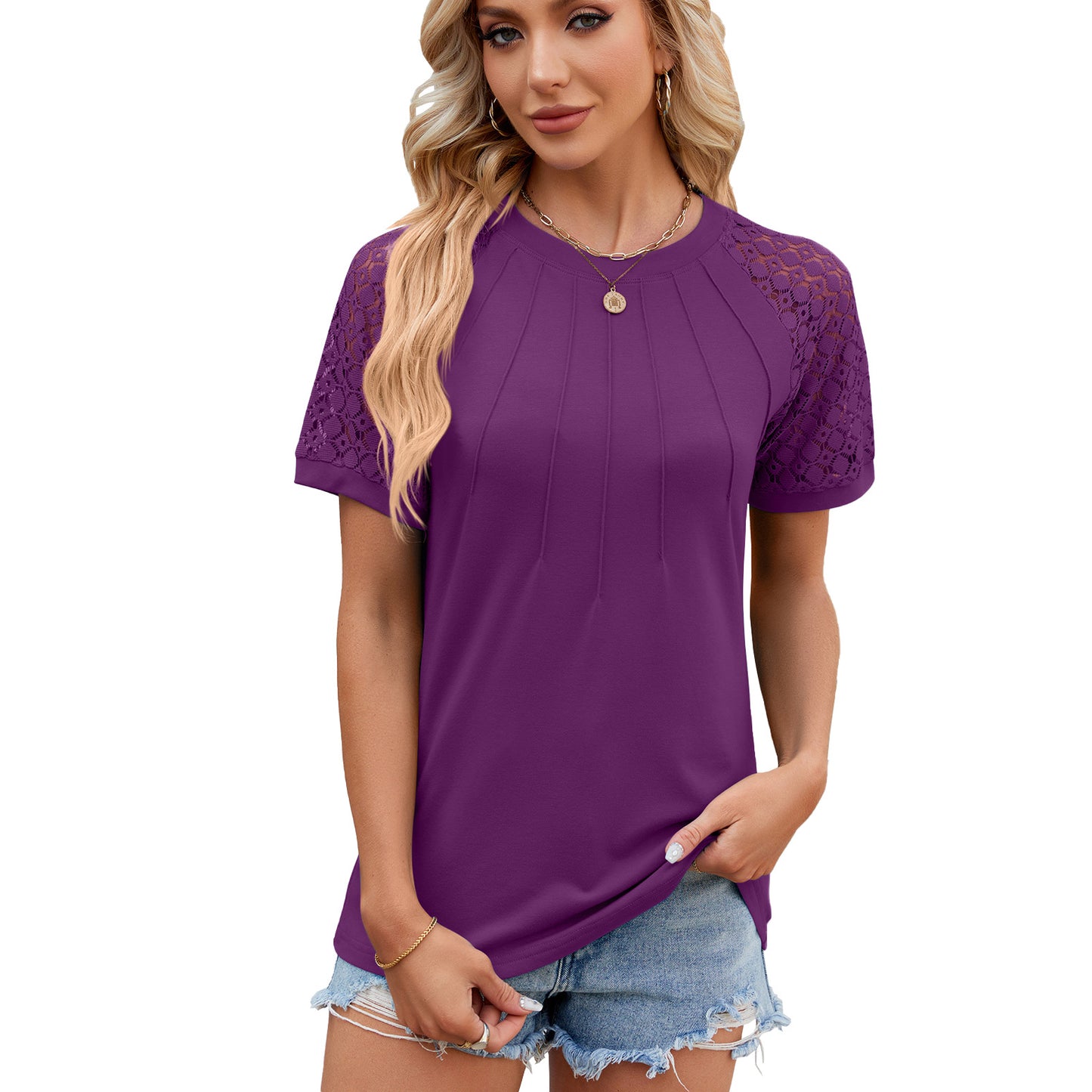 Solid Color Round Neck Top Women's Lace Hollow Design Short Sleeve T-Shirt Summer Womens Clothing - globaltradeleader