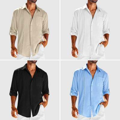 Casual  Long Sleeve Shirt With Pocket Lace Polo Collar Solid Color Button Mens Clothing - globaltradeleader