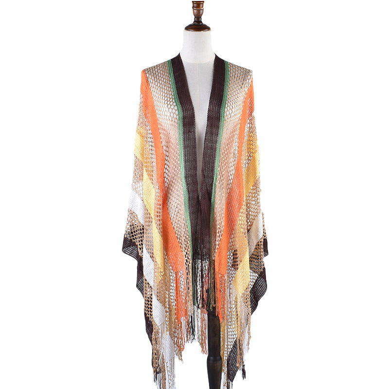 New Korean Style Cutout Long Silk Color Striped Knitted Sunscreen Shawl Thin