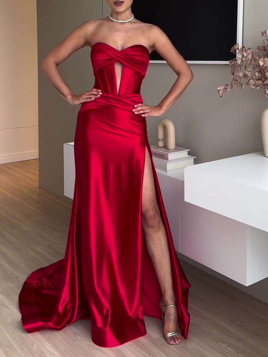 Tube Top Slit Red Extra Long Evening Dress - globaltradeleader